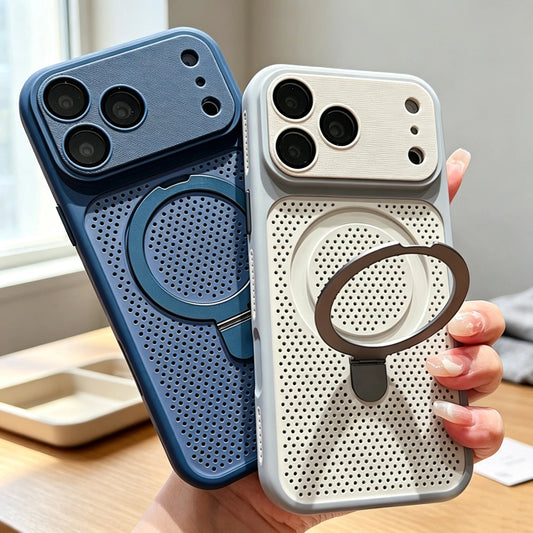 Navy blue and off-white honeycomb cooling magnetic phone case with camera protective window