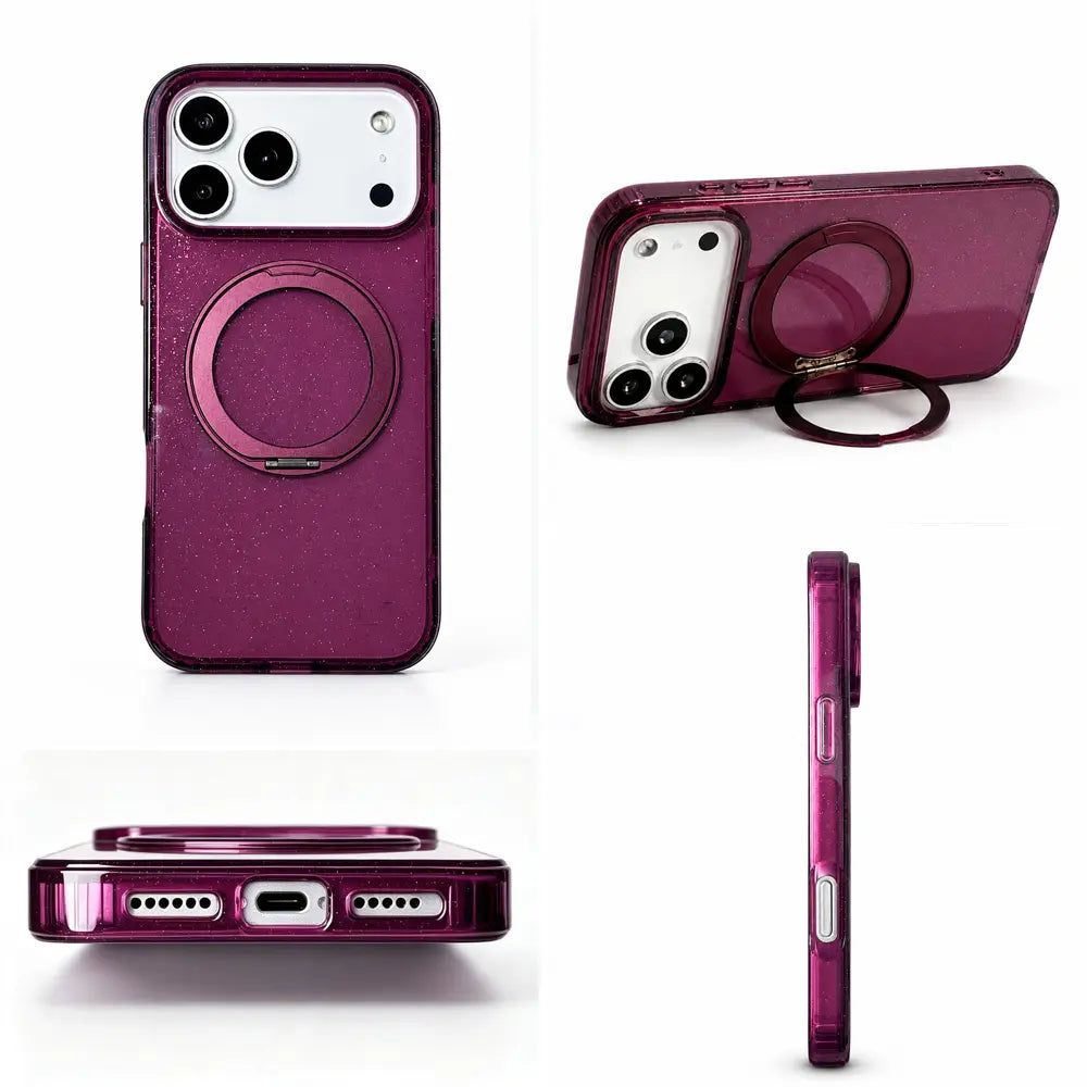Multi‑angle product shots for purple transparent magnetic‑ring case, side profile and port cut‑up close‑ups