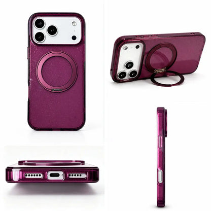 Multi‑angle product shots for purple transparent magnetic‑ring case, side profile and port cut‑up close‑ups