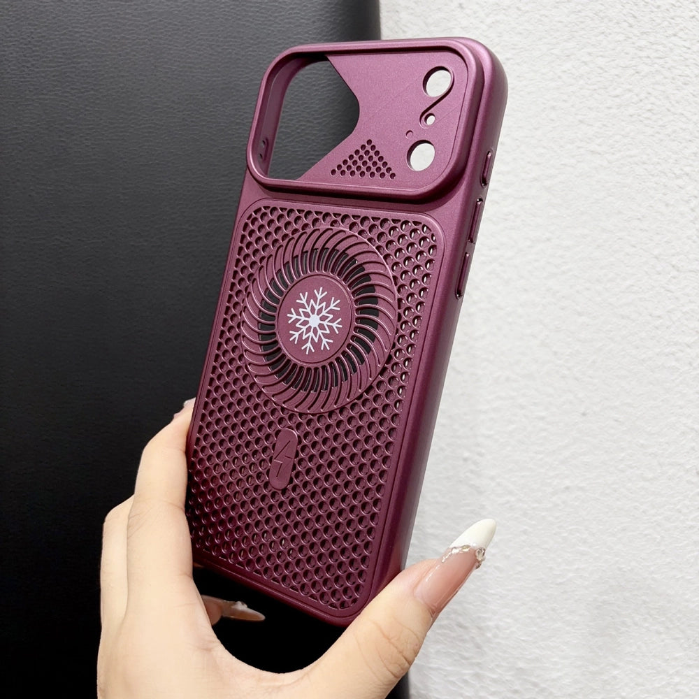 Burgundy honeycomb hollow heat dissipation magnetic case for iPhone 18 Pro Max, matte anti‑fingerprint shell close‑up