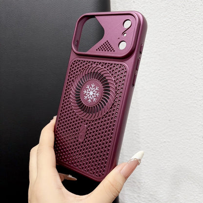 Burgundy honeycomb hollow heat dissipation magnetic case for iPhone 18 Pro Max, matte anti‑fingerprint shell close‑up