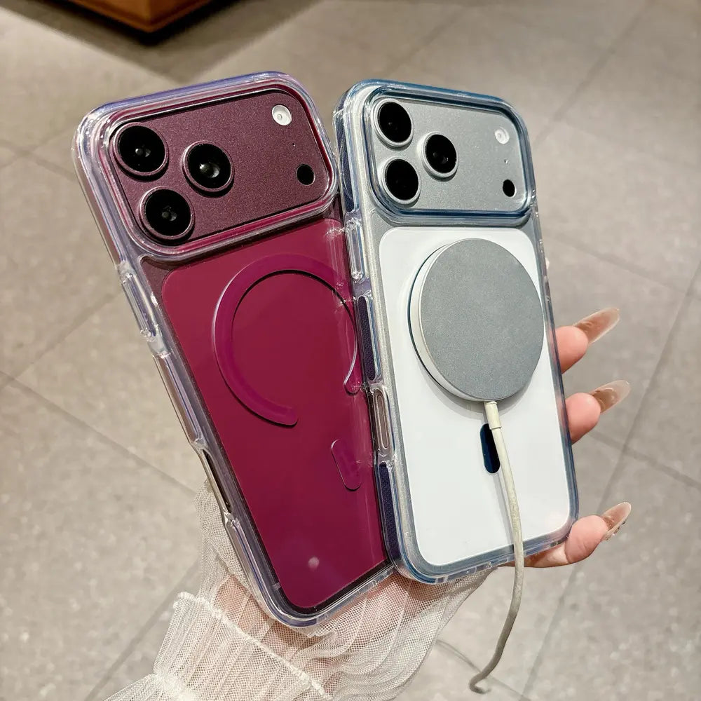 cherry silver dual‑tone TPU magnetic phone case for 17 Pro Max, magnetic wireless charging display