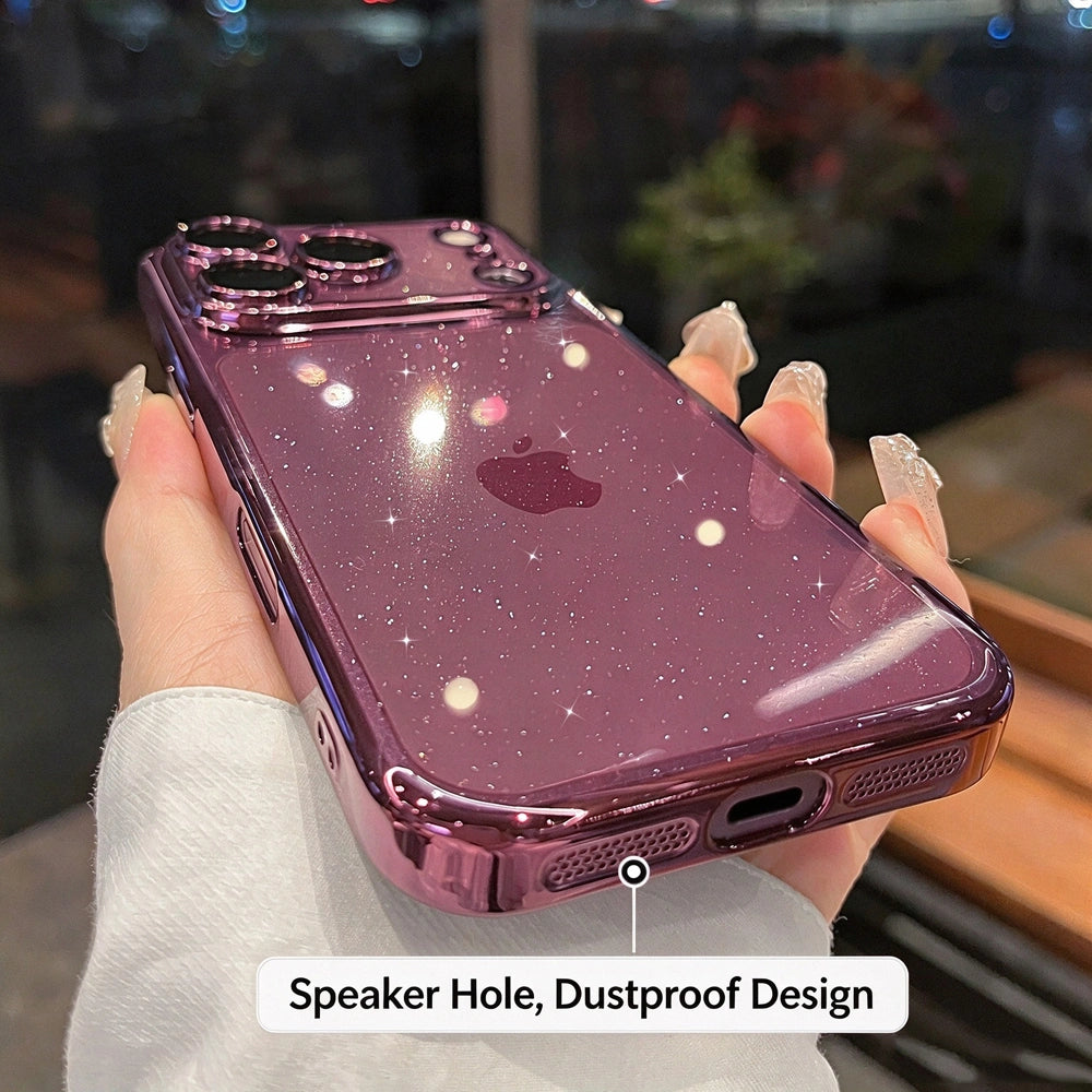 Closeup of glitter Phone case, dustproof mesh speaker hole design, electroplated glossy edge