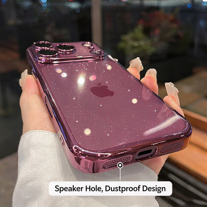 Closeup of glitter Phone case, dustproof mesh speaker hole design, electroplated glossy edge