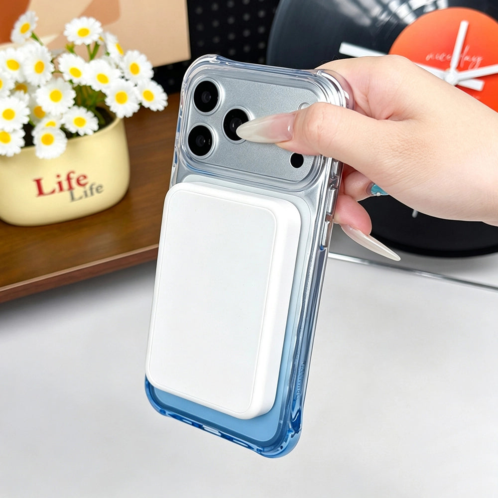 Magnetic wireless power bank attaching to gradient textured magnetic phone case for iPhone