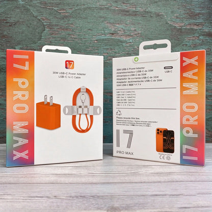 35W USB‑C fast charger set retail box front and back view, orange charger and braided usb‑c to c cable