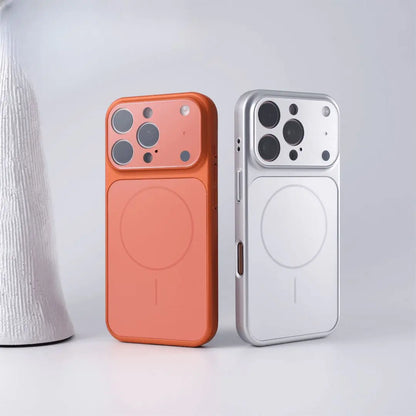 Orange silver glass magnetic phone case for 17 Pro Max hard PC frame glass camera window