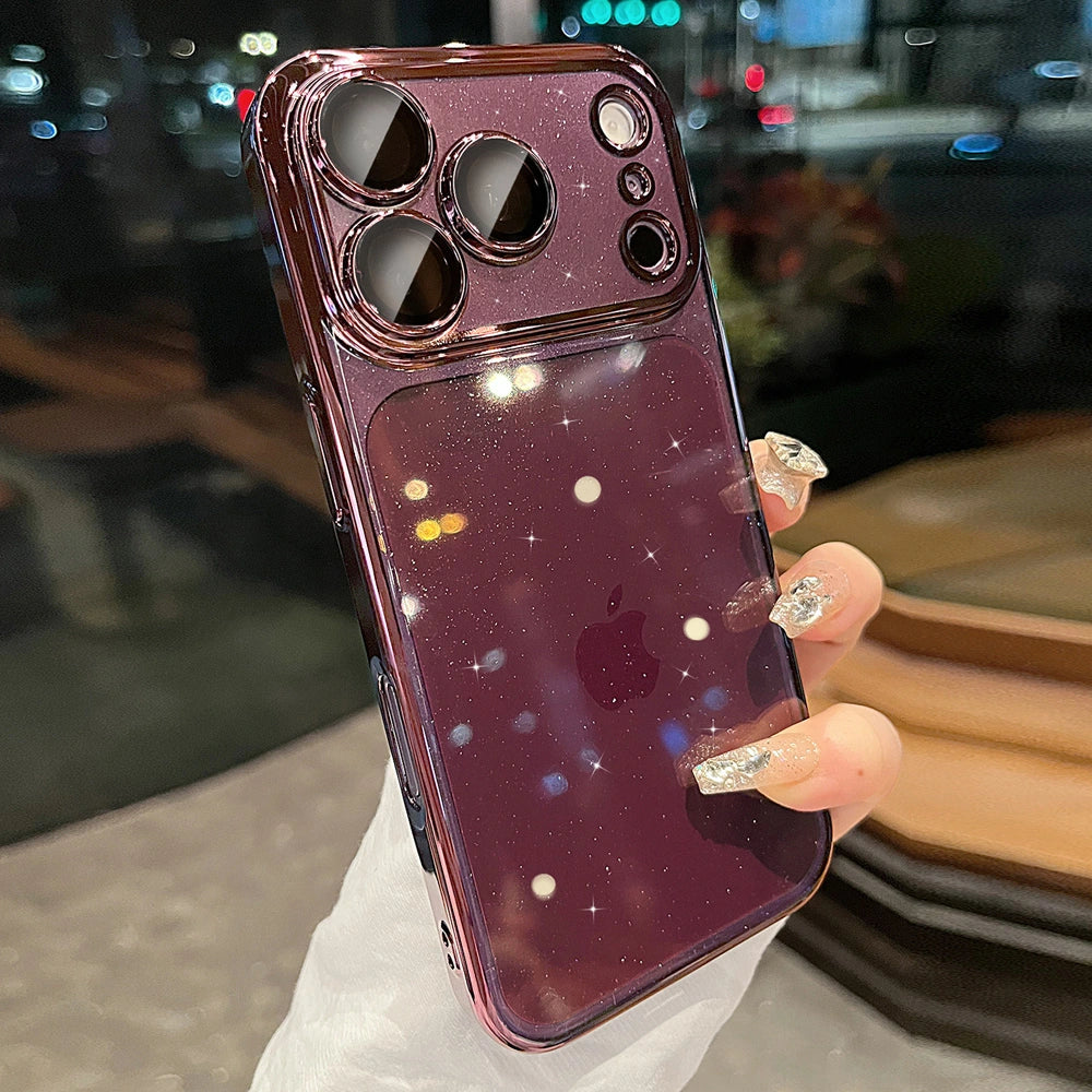 Sparkle glitter wine red iPhone case, raised camera lens cover, stylish translucent back