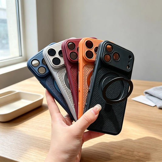 Multi color TPU cooling magnetic phone cover with built-in ring holder stacked in hand