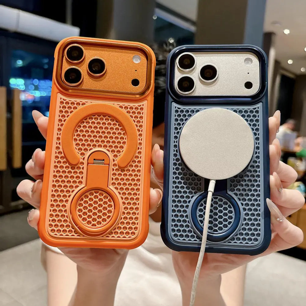 Orange and navy honeycomb breathable Phone case with magnetic ring kickstand, compatible with wireless charger