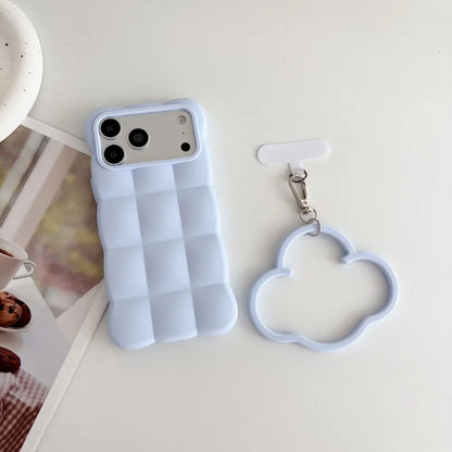 Light blue puffer silicone phone case for iPhone 18 Pro Max, separated cloud wrist ring accessory