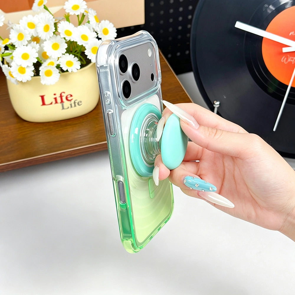 Magnetic pop‑socket grip attached on gradient wave magnetic iPhone case, hand demo