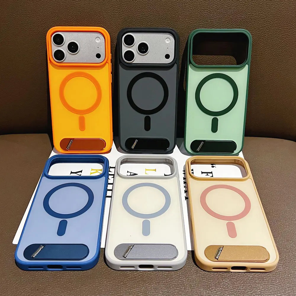 Six‑color assortment matte translucent Phone case with hidden metal kickstand and magnetic ring