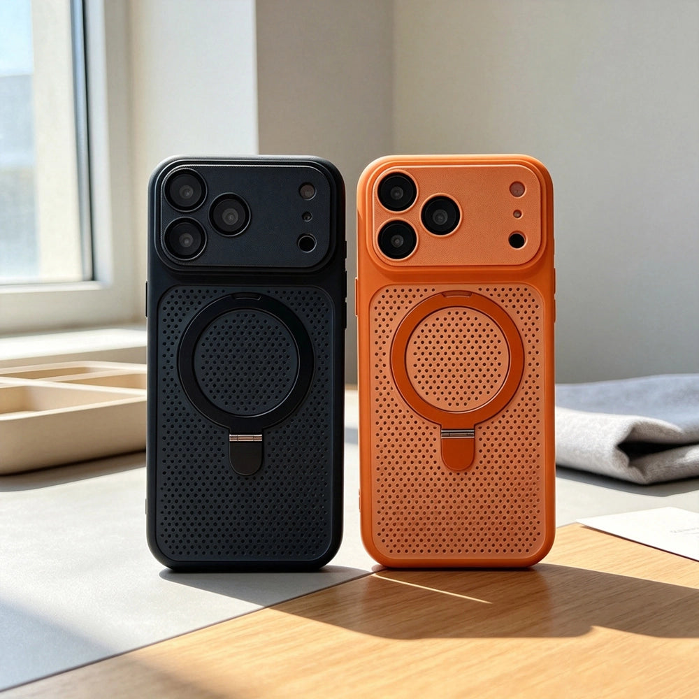 Black and orange hollow mesh magnetic smartphone case with rotatable ring stand