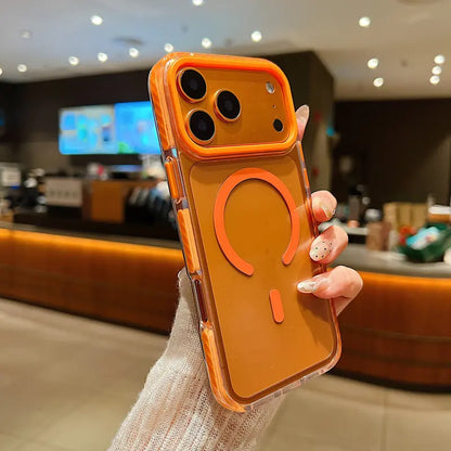 Transparent orange magnetic phone case for iPhone, large raised camera frame, dual color shockproof anti-drop clear iPhone cover with magnetic charging ring