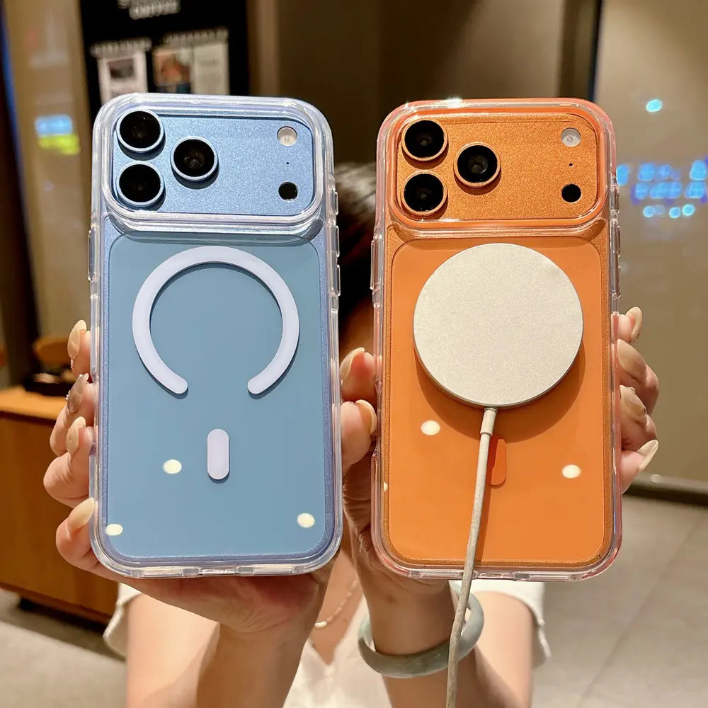 Hand‑held dual‑tone TPU magnetic case for 17 Pro Max, wireless charging demo large camera view window
