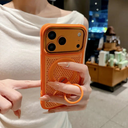 Close‑up of orange breathable Phone cover, using the built‑in ring as one‑hand grip holder