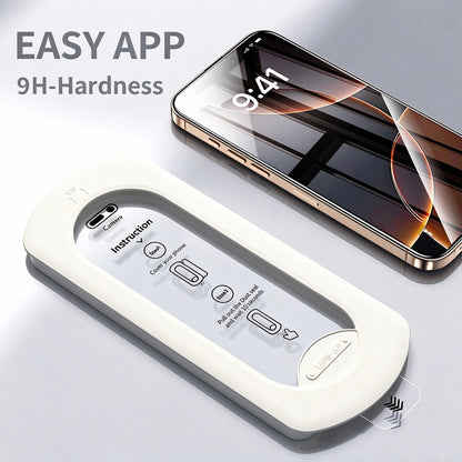 Auto dust removal easy install tempered glass screen protector for iPhone, dust‑free installation tray