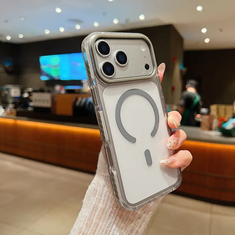 clear magnetic Phone case with big raised camera bezel, two-tone transparent shockproof anti-drop magnetic charging phone cover