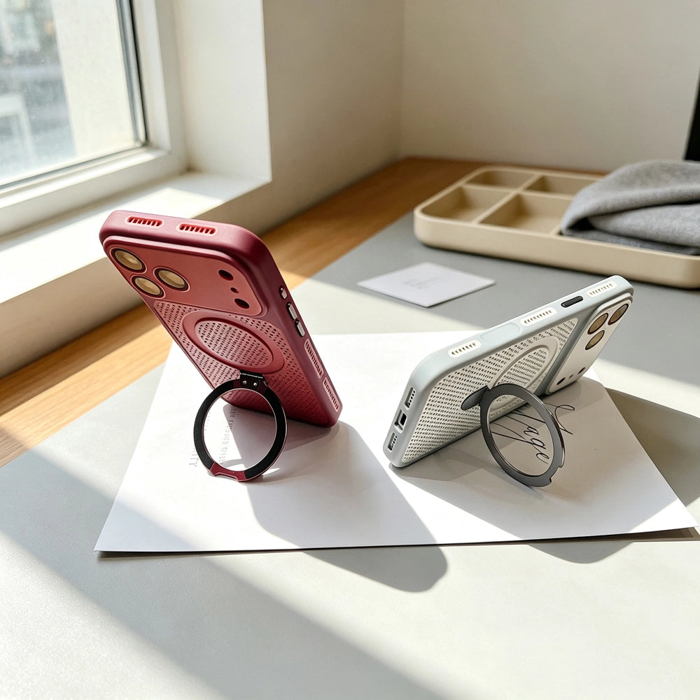 Hollow honeycomb heat dissipation magnetic phone case with ring kickstand, wine red and off-white