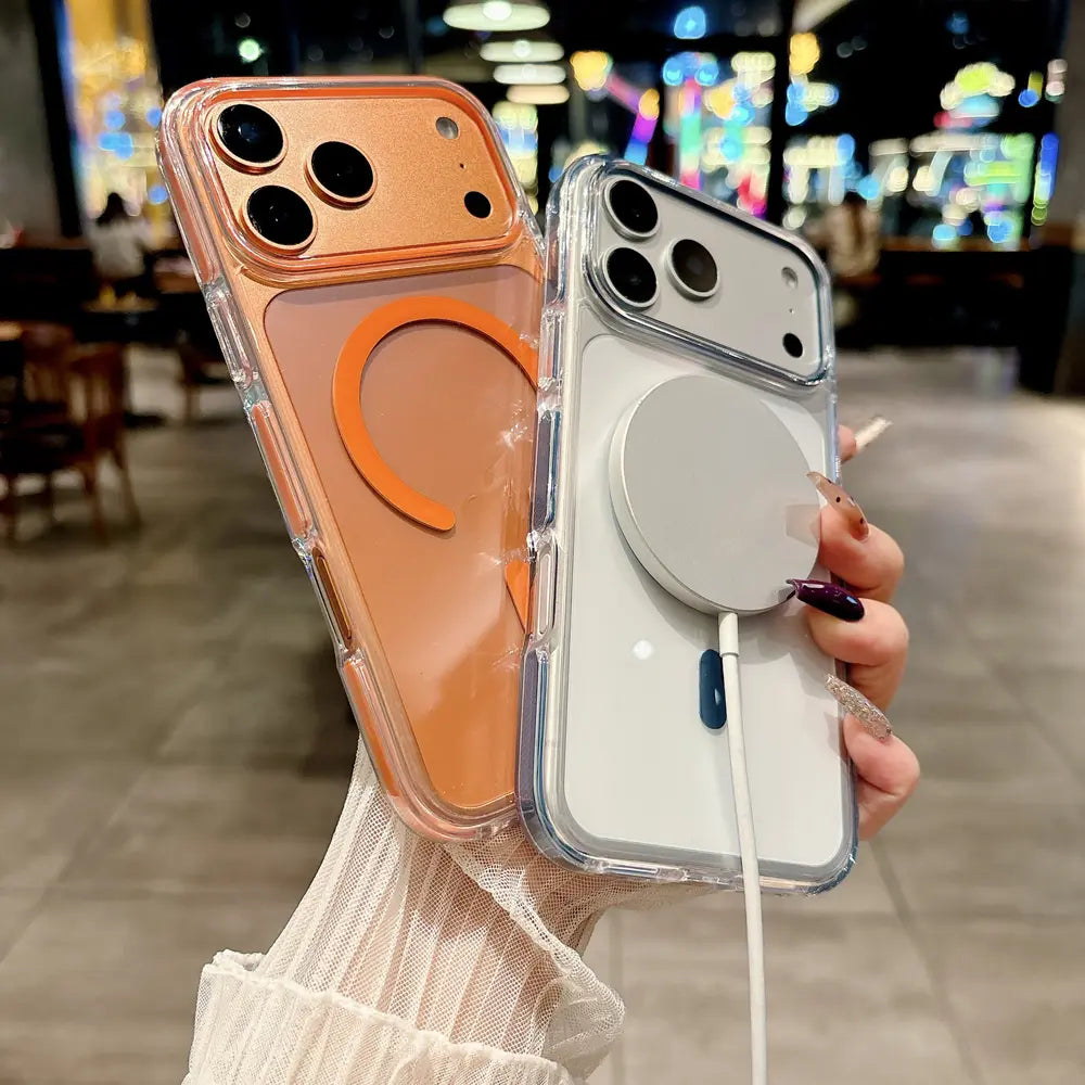 Orange dual‑tone TPU magnetic protective case for 17 Pro Max, built‑in magnet wireless charging function